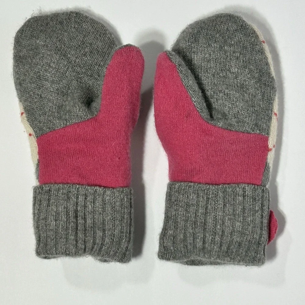 Handmade Women's Cashmere Mittens Upcycled Argyle Fleece Lined Warm Winter Gray